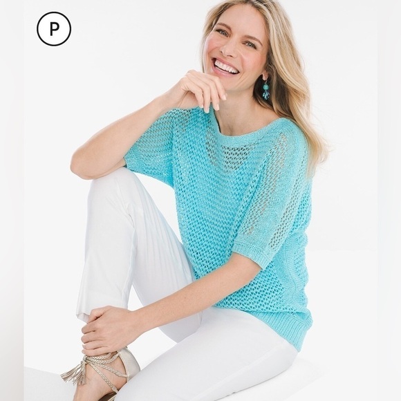 Chico’s Crochet Textured Sweater Open Weave Airy Short Sleeves Chicos 3 XL - Picture 1 of 12